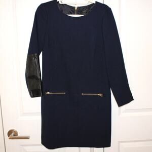 J.CREW Faux Leather Trim Navy Blue Black Zip Pocket Straight Dress | 4